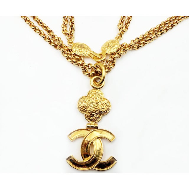 Contemporary 1990s Chanel Vintage Gold Plated CC Textured Pendant Double Chain Long Necklace For Sale - Image 3 of 5