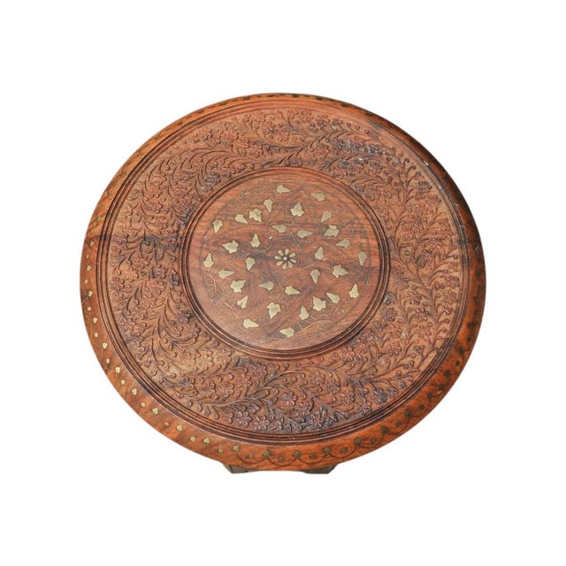 Antique Middle Eastern Circular Carved Table with Repetitive Brass Floral Patterns, 1890s For Sale - Image 5 of 8