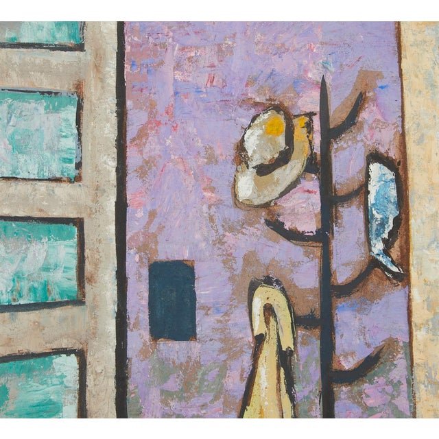 Mid-Century Modern MCM Acrylic Painting the Waiting Room James Tucker 1955 Cubism For Sale - Image 3 of 9