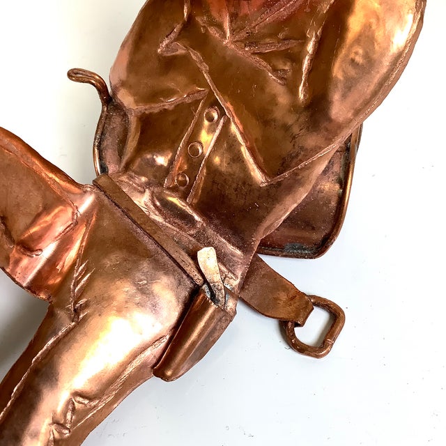 1980s Cowboy Thin Copper Sculpture Figure Western Chaps Saddle Vintage 7.5”l Brutalist For Sale - Image 5 of 11