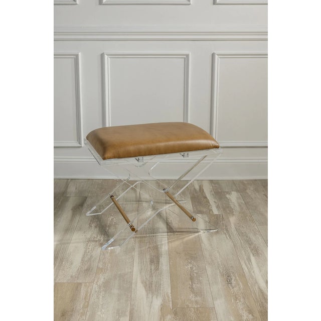 Mid-Century Modern Delano Gold Dorian Saddle Lucite X-Bench For Sale - Image 3 of 5