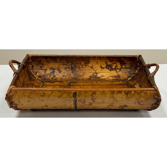 Wood Vintage Burnt Tortoise Shell Rattan Basket Tray For Sale - Image 7 of 12