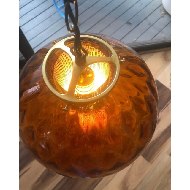 1960s Mid Century Modern 1960s Swag Lamp Blown Glass Art Brass Hanging Ceiling For Sale - Image 5 of 11