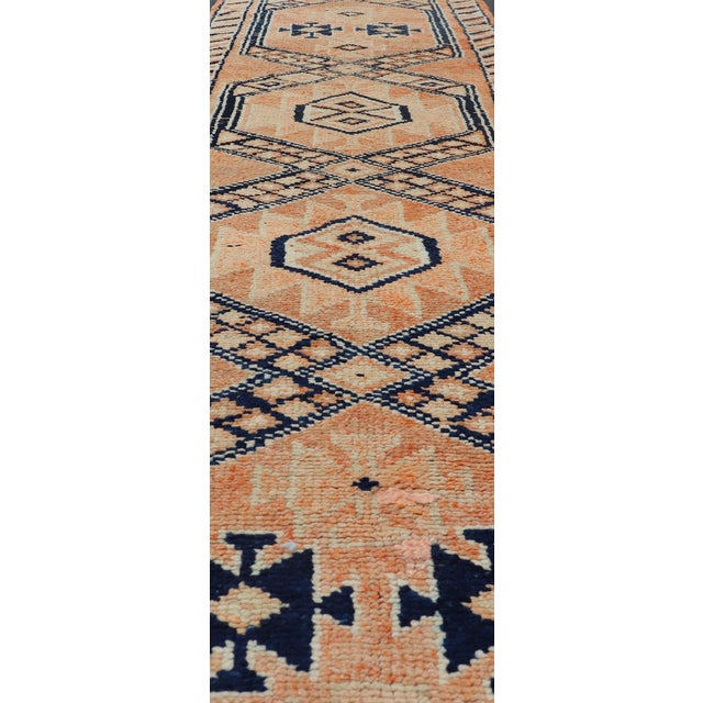 Tribal Medallion Design Vintage Turkish Runner in Orange and Navy Blue For Sale In Atlanta - Image 6 of 12