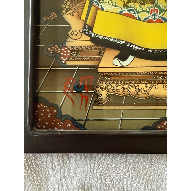 1920s Pair of Chinese Reverse Glass Ancestral Portraits of Emperer and Empress Qing Dynasty For Sale - Image 13 of 15