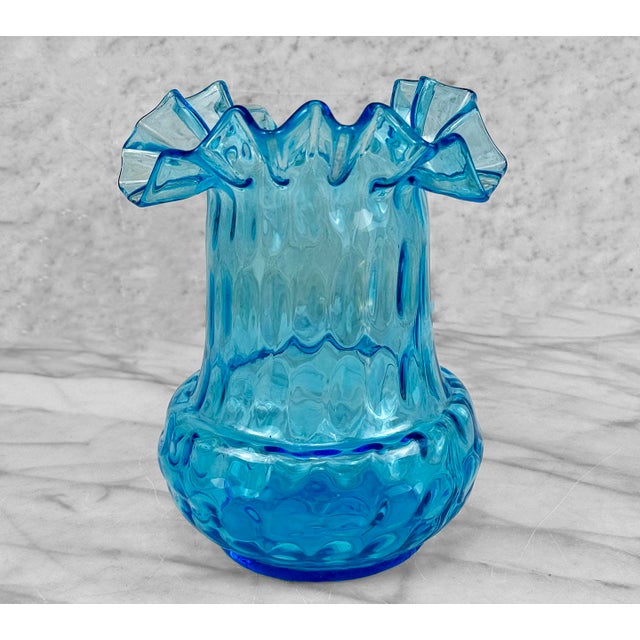 Mid-Century Modern Vintage Peacock Blue Ruffled Art Glass 8" Vase For Sale - Image 3 of 8
