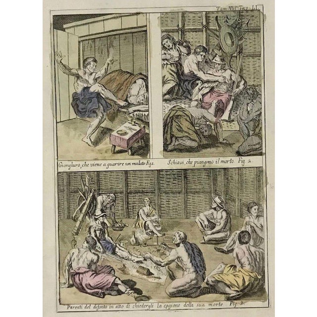 Image dimensions: 25.5 x 18 cm. How the American indigenous deals with Death is a fine etching, hand-watercolored,...