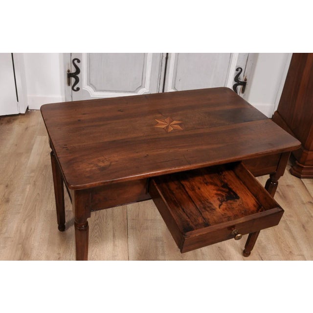 Brown Italian 1890s Walnut Side Table with Elm Marquetry Star, Drawer and Turned Legs For Sale - Image 8 of 12