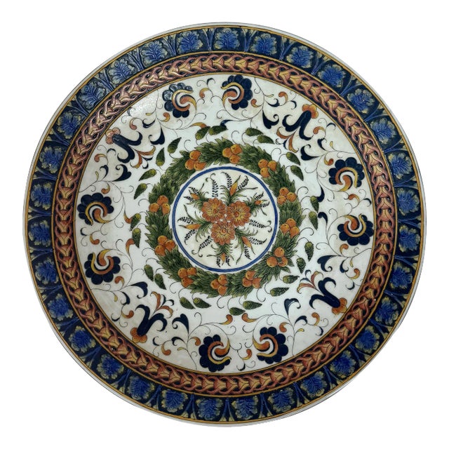Vintage Monumental Hand-Painted Traditional Portuguese Ceramic Platter in Blue and Orange Floral Design For Sale