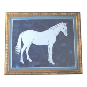 Horse in Border Minimalism Blue-Grays Folk Art English Traditional American Original Oil Painting by Cleo Plowden