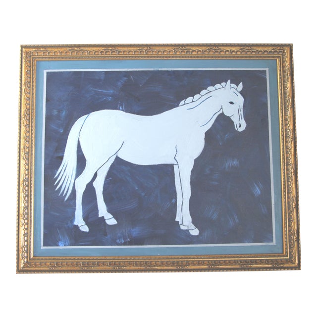 Horse in Border Minimalism Blue-Grays Folk Art English Traditional American Original Oil Painting Cleo Plowden For Sale