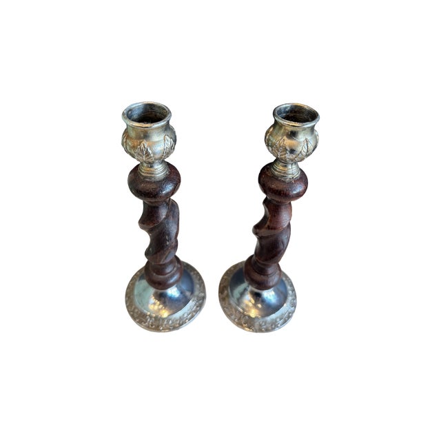 Pair of vintage English oak and chrome barley twist candlesticks. Approx. 8” H