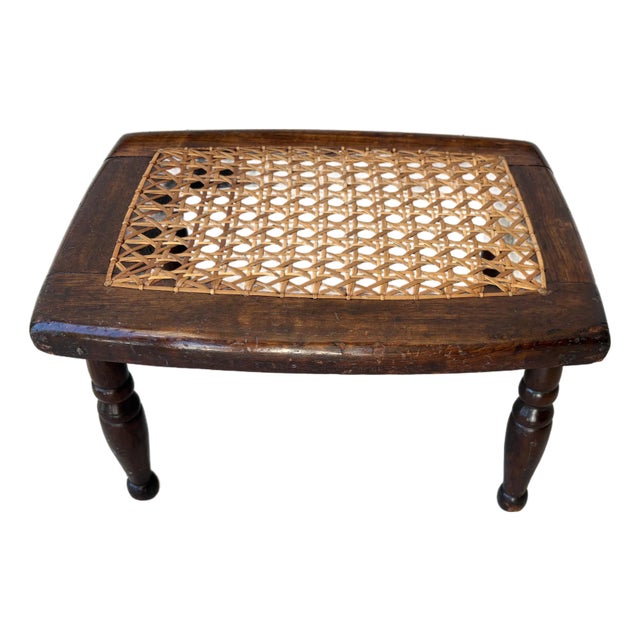 19th Walnut Footstool W/ Cane Seat For Sale