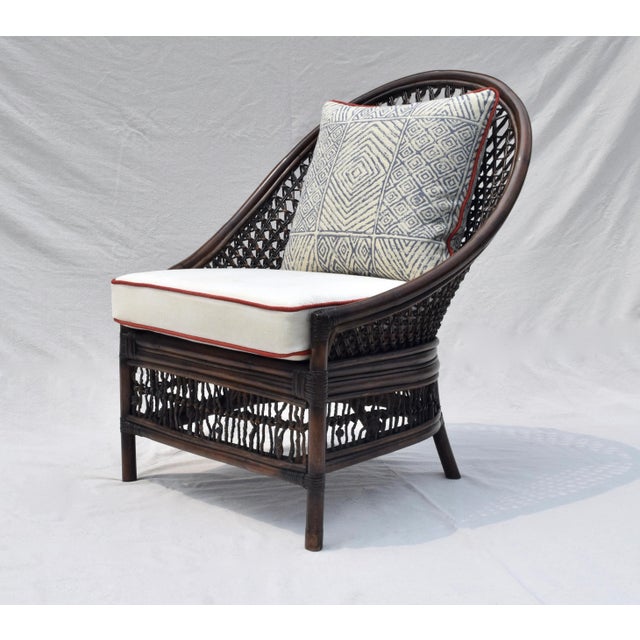 Vintage Rattan Curved Back Chair Attributed to Palecek, Blue & White, 1990s For Sale - Image 9 of 13