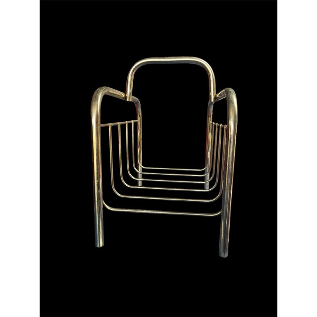 1970s Vintage Brass Magazine Rack | Hollywood Regency Tubular Metal Newspaper Holder For Sale - Image 5 of 7