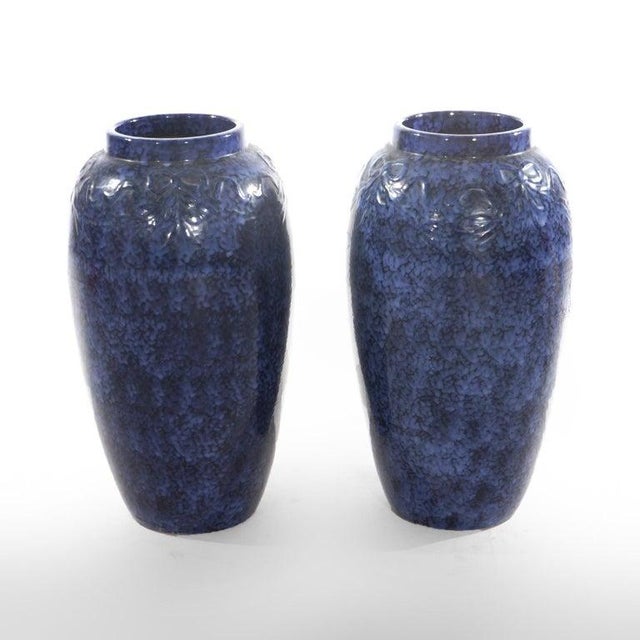 Arts & Crafts Pair Antique Roseville Art Pottery Floral Embossed Vases With Mottled Blue Glaze For Sale - Image 3 of 6