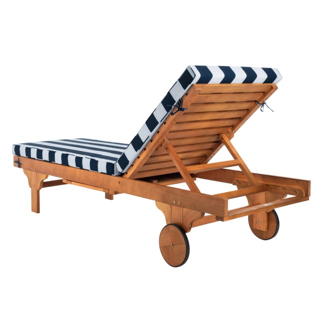 Modern Newport Chaise Lounge Chair with Side Table, Natural/Blue Stripe Cushion For Sale - Image 3 of 10