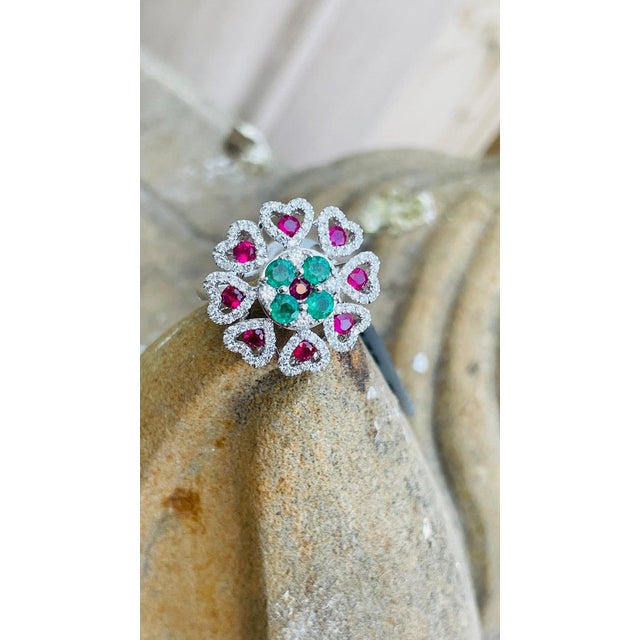 Not Yet Made - Made To Order Solid 14k Gold Ruby Emerald and Pave Set Diamond Bohemian Chic Flower Ring Size 10.5 For Sale - Image 5 of 7