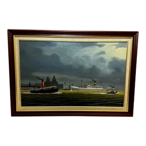 British Oil Painting of Alca Passenger Cargo Ship Yeoman Line & Steam Ferry Boat Claughton in Liverp