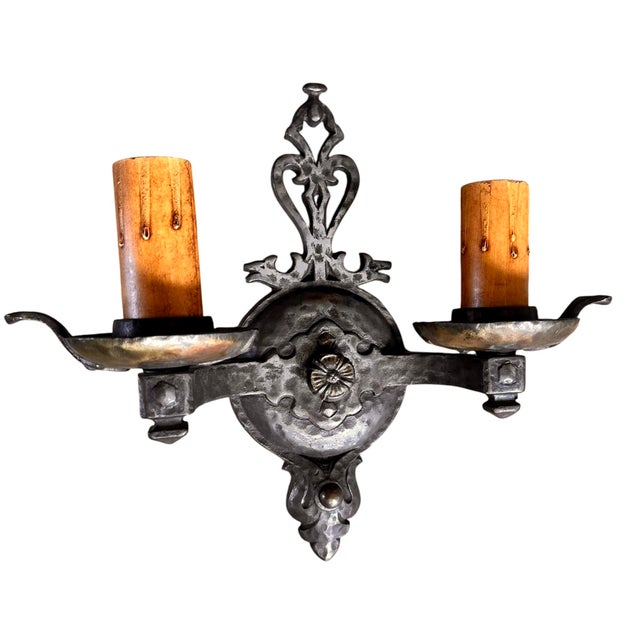 1920 Hammered and Mixed Cast Iron and Brass Sconces, Original Patina - a Pair For Sale In Los Angeles - Image 6 of 6