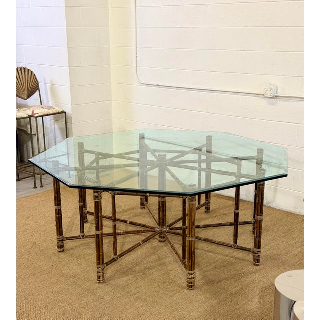 McGuire California Modern Octagonal Bamboo Rattan and Glass Dining Table For Sale - Image 10 of 12