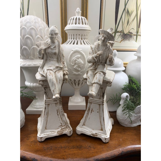 Chelsea House Blanc De Chine Off White Asian Chinoiserie Tall Seated Figures, Man and Woman, a Pair 18” For Sale - Image 6 of 6