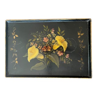 Late 19th Century Black Tole Tray With Calla Lily Painted Decoration For Sale