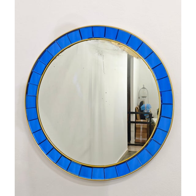 Vintage Italian Circular Wall Mirror in Blue Crystal and Brass from Cristal Art, 1950s For Sale - Image 13 of 13