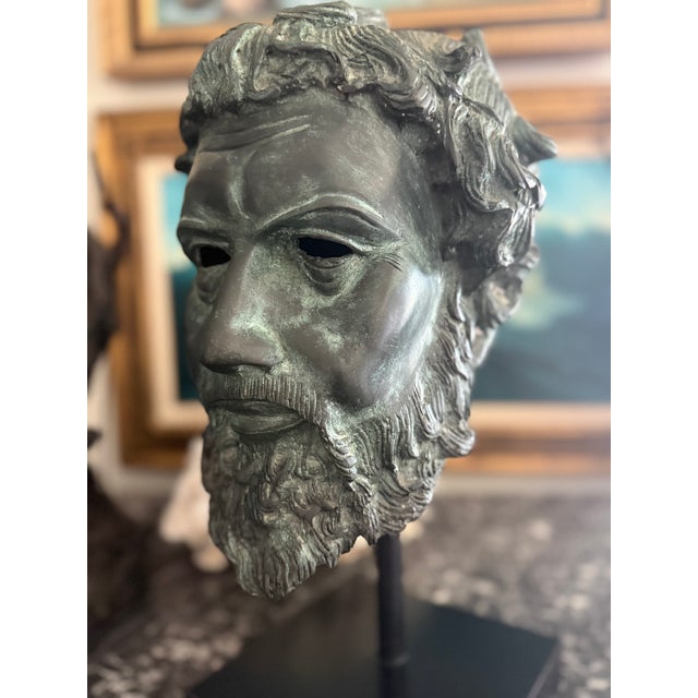 1980s Vintage Verdigris Patinated Cast Bronze Classical Head Sculpture on Stand, Grand Tour Style For Sale - Image 5 of 11