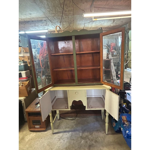 Vintage Painted Farmhouse Kitchen Hutch With Glass Doors For Sale - Image 4 of 8