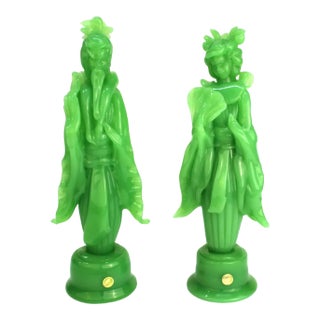 Italian Mid Century Modern Murano "Jadeite" Glass Figurines- Set of 2 For Sale