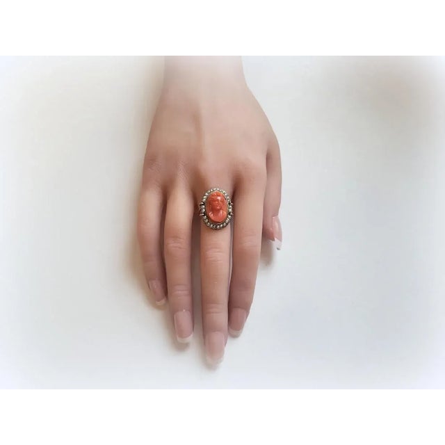 Gold Antique Victorian Coral Cameo Pearl Gold Ring Size 6 For Sale - Image 8 of 9