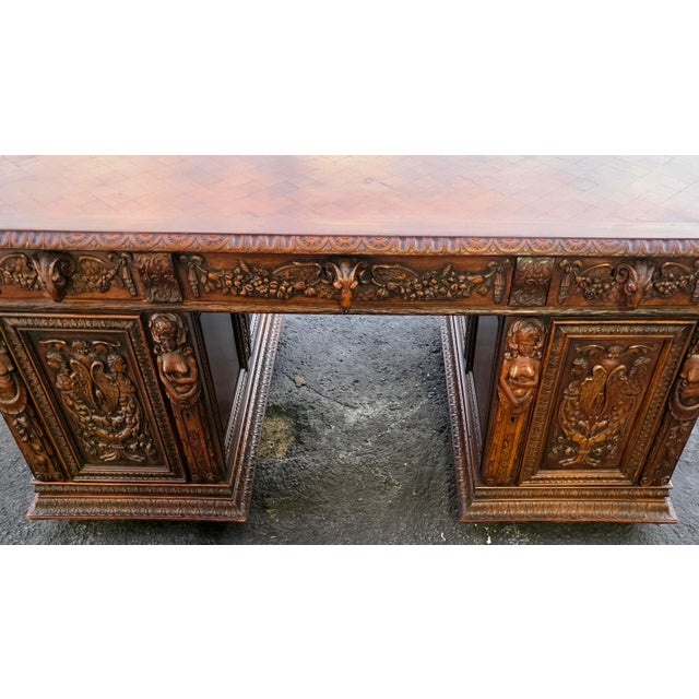 Antique Circa 1880 French Renaissance Revival Partner's Desk, Fully Carved on All Sides With Parquetry Top For Sale - Image 11 of 18