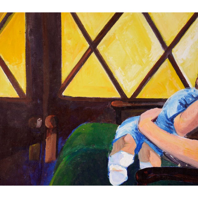1970s "Madam Suburbia" (Woman and Baby by the Yellow Window) Oil on Canvas by Patricia Gren Hayes For Sale - Image 5 of 9