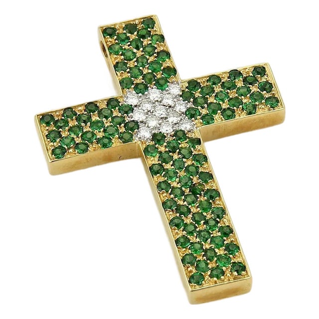 Tsavorite & Diamond 18k Yellow Gold Cross Pendant w/DGL Cert. For Sale