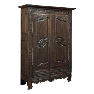 18th Century Country French Normandy Carved Oak Armoire For Sale