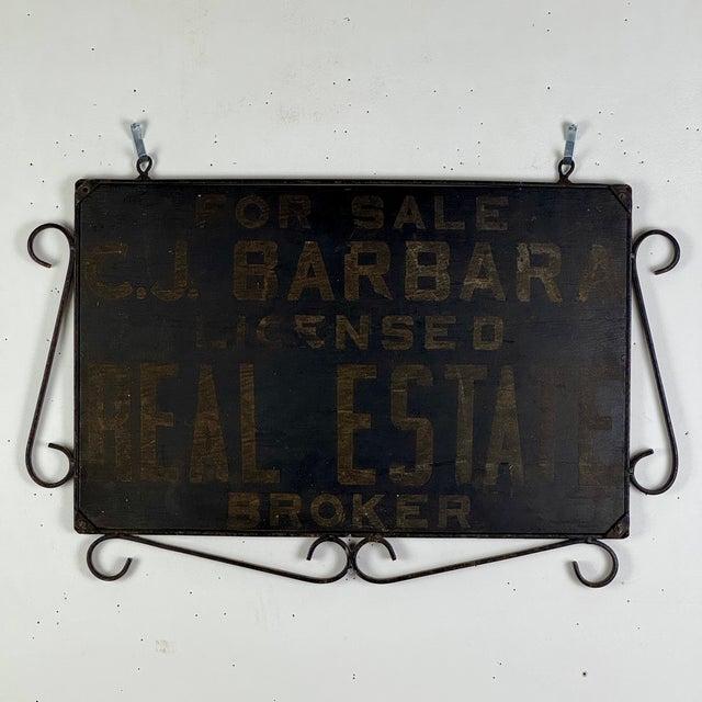 Black Antique Hand Painted Wood Real Estate Sign in Wrought Iron Scroll Design Frame For Sale - Image 8 of 12