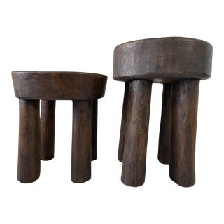Tribal Set of Two African Wood Milk Stools Tanzania For Sale