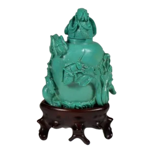 Antique Chinese Turquoise Snuff Bottle With Vegetables, Insects