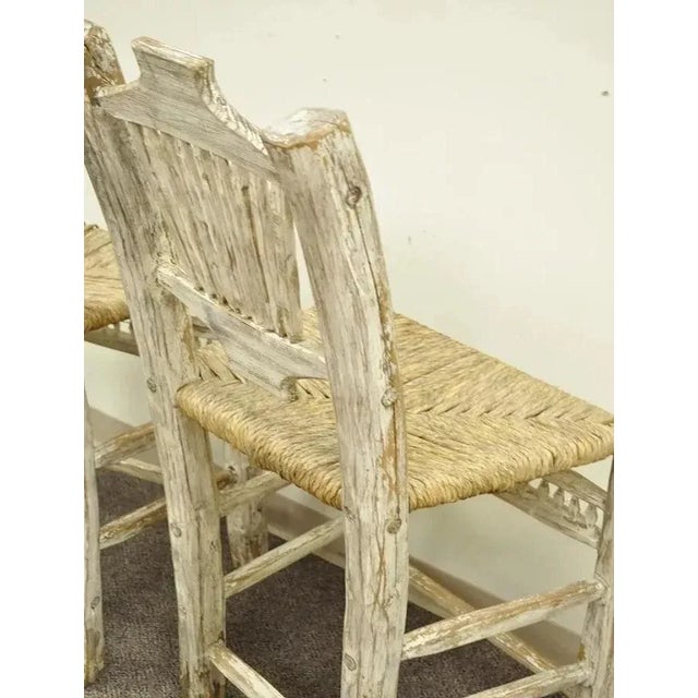 Late 20th Century Hickory Style Rustic Log Cabin Wood Woven Rush Seat Bar Stools Chairs - a Pair For Sale - Image 11 of 12
