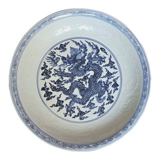 Mid 20th Century Very Large Amazing Glazed Chinese Charger Plate With Blue Dragons For Sale