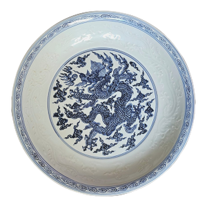 Mid 20th Century Very Large Amazing Glazed Chinese Charger Plate With Blue Dragons