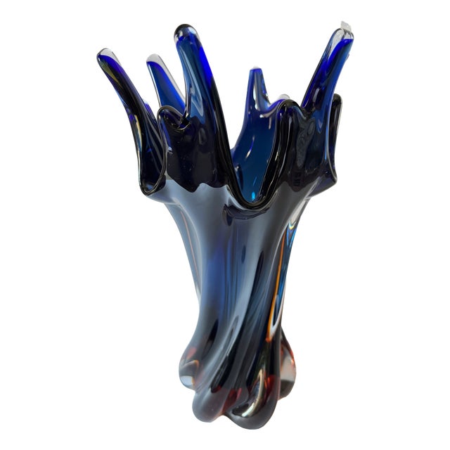 Cobalt Blue Bohemian Art Glass Sculptural Vase with Amber Base from Egermann, 1980s For Sale