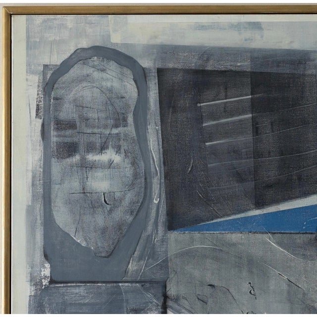 This is a large-scale, serene acrylic on canvas with layers of shades of gray, off-white, tan, and cyan blue framed in a...