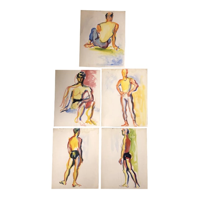 Gallery Wall Collection 5 Vintage 1970’s Original Male Study Watercolor Paintings- Set of 5 For Sale