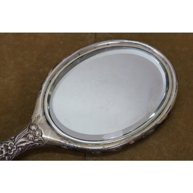 Silver Antique Dominick & Haff Repousse Sterling Silver Beveled Hand Vanity Mirror 11" For Sale - Image 8 of 13