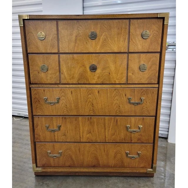 1981 campaign style 5 drawer chest by Huntley, a division of Thomasville Furniture. It is beautifully finished with old...
