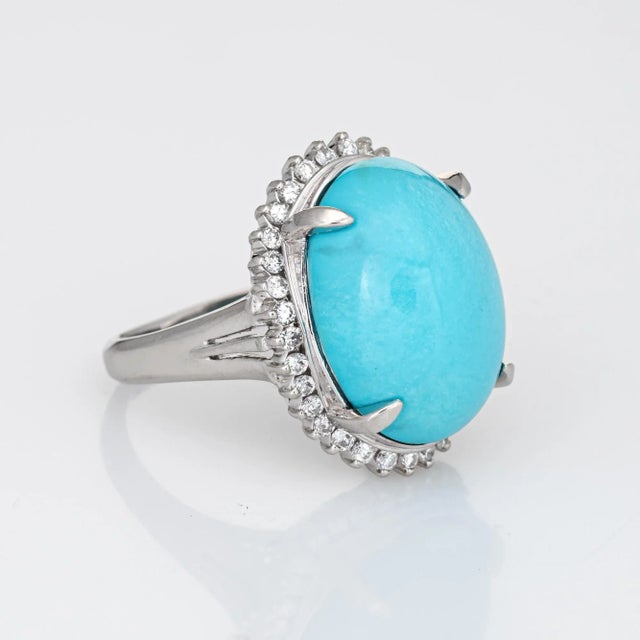 Modern Mid 20th Century Egg Shell Blue Turquoise Diamond Ring Platinum Estate Large Cocktail Jewelry size 6 For Sale - Image 3 of 7