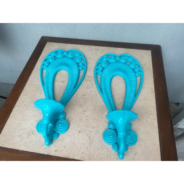 1970’s Painted Blue Faux Bamboo Wall Sconces - a Pair For Sale - Image 4 of 9