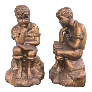 Vintage Bronze-Tone Seated Boy Figural Bookends, Art Deco Style, C. 1920s–1930s (Pair) For Sale